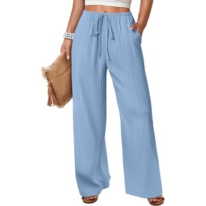image:imageANRABESS Womens Wide Leg Casual Flowy Elastic Waist Beach Palazzo PantsLight Blue