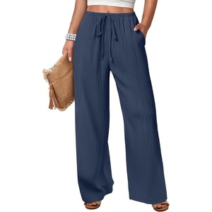 image:imageANRABESS Womens Wide Leg Casual Flowy Elastic Waist Beach Palazzo PantsNavy Blue