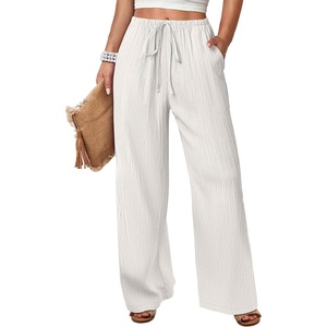 image:imageANRABESS Womens Wide Leg Casual Flowy Elastic Waist Beach Palazzo PantsOffwhite
