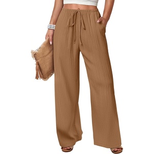 image:imageANRABESS Womens Wide Leg Casual Flowy Elastic Waist Beach Palazzo PantsYellow Brown